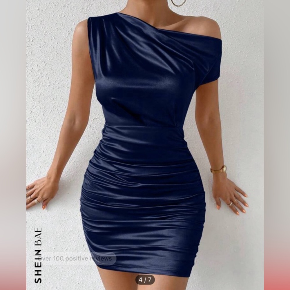 SHEIN Navy Blue Asymmetrical Shoulder Dress